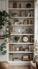 An office space with bright lighting and white walls in a modern, minimalistic style. Widely spaced shelves in light brown and beige tones are neatly arranged with a few books, elegant ornaments.