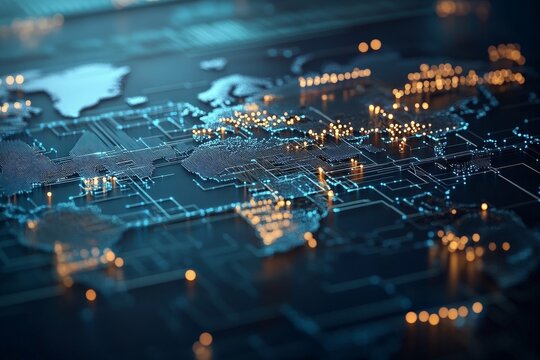 A stylized world map highlights interconnected circuit paths, showcasing the global reach and digital connectivity in today's tech-driven world.