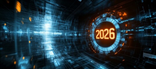 Obraz premium Futuristic Digital Tunnel with the Year 2026, Concept of Technology, Innovation, and the Future
