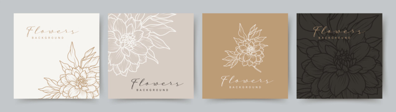 Elegant floral background with hand drawn dahlia flowers. Vector design templates for wedding invitation, card, poster, business card, flyer, social media post, banner, label, packaging