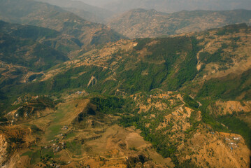 Aerial view of green and colorful rice field terraces, Nepal