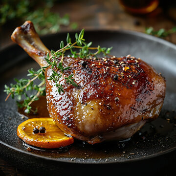 crispy roasted duck leg with sesame seeds and orange slice, fresh thyme on a dark plate in soft lighting