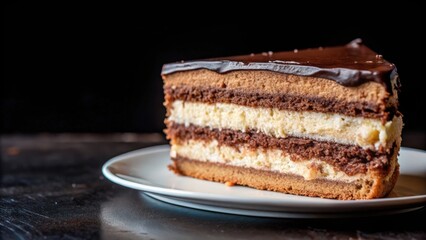 A Slice of Layered Chocolate Cake with White Filling and Icing