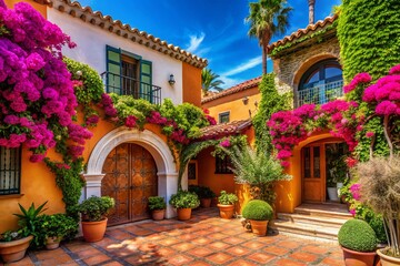 Captivating Spanish Villa with Stunning Architecture Surrounded by Lush Gardens and Vibrant Bougainvillea in a Picturesque Mediterranean Landscape