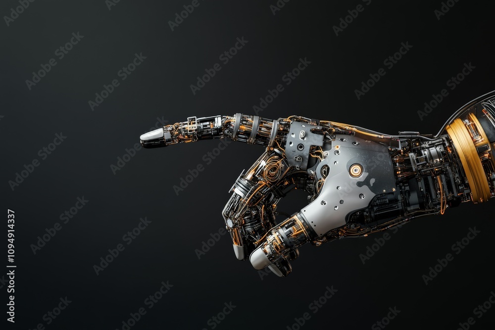 Poster a close-up of a complex robotic hand with visible mechanical details gesturing forward, symbolizing 