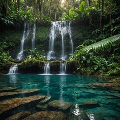 Fototapeta premium A lush rainforest waterfall cascading into a crystal-clear pool.