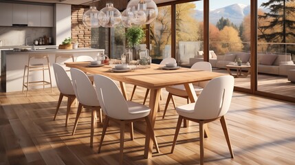 Obraz premium Sleek Scandinavian dining room with a white wooden table and matching chairs, creating a cozy yet modern atmosphere.