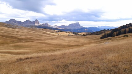 Fototapeta premium A wide shot of a valley in the Italian Dolomites with golden grass and mountains in the background.