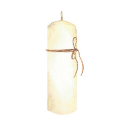 White candle with a jute rope bow. Watercolor illustration for the church religious holidays, baptism, first communion, wedding, Christmas card design. Hand drawn clipart Isolated from background