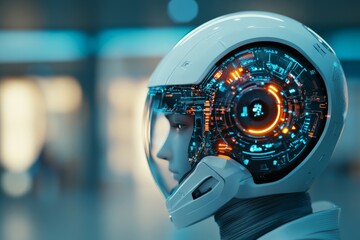 A person wears a high-tech helmet with glowing circuits, showcasing advanced technology and innovation in a futuristic setting, blending human and digital worlds.