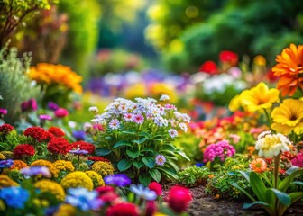 Captivating Tilt-Shift Photography of a Colorful Flower Bed in Full Bloom with Delicate Petals and Lush Greenery, Perfect for Nature Lovers and Garden Enthusiasts