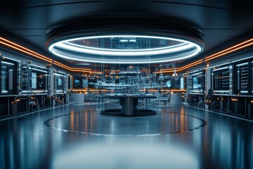 A sleek, high-tech control room with circular holographic displays and glowing interfaces, representing advanced digital technology and innovation.