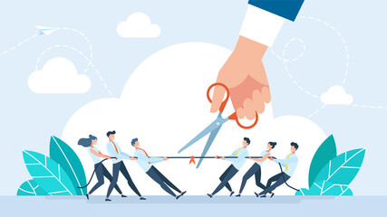 Use scissors to cut the ropes of two teams tug of war on the cliff. Negotiation or stop fighting concept. Mediation as conflict compromise and solution management person concept. Flat illustration