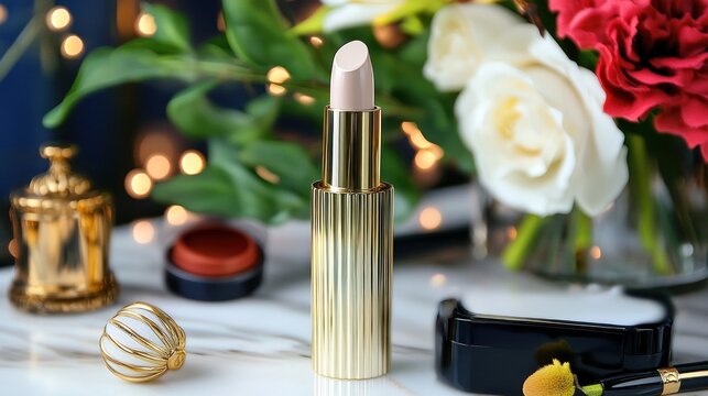 Glamorous lipstick and cosmetics with roses