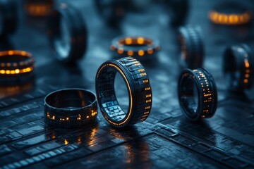 This image presents a collection of futuristic rings that feature glowing digital accents arranged on a reflective surface, symbolizing advanced technology.