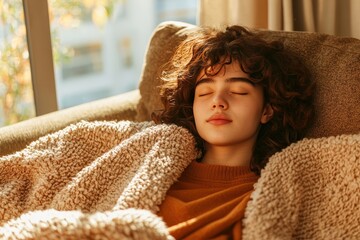 Cozy Living Room Scene with Young Adult Relaxing on Sofa with Soft Blanket, Sunlight Filtering Through Window, Creating Warm Atmosphere for Comfort and Rest