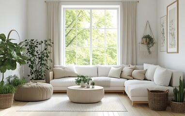 Bright living room with white sofa, plants, and large window.
