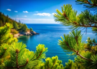 Obraz premium Captivating Tilt-Shift Photography of Pine Tree Branches Framing a Sparkling Blue Sea Under a Clear Sky, Perfect for Nature and Outdoor Enthusiasts