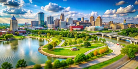 Captivating Tilt-Shift Photography of Sawyer Point Park and Yeatman's Cove, Showcasing Scenic Views of Nature and Urban Landscapes in Cincinnati, Ohio