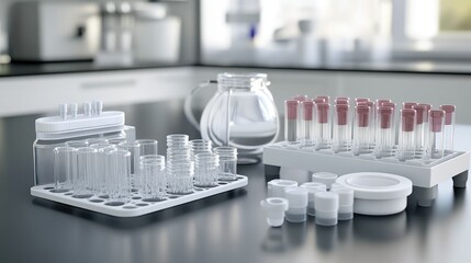 Various Laboratory Glassware and Test Tubes on a Clinical Work Surface, Including Sample Containers, Vials, and Liquid Solutions in a Modern Research Environment
