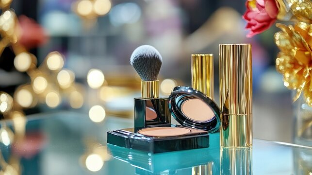 Glamorous makeup tools on reflective glass surface