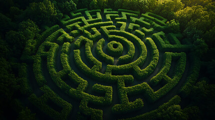 Aerial view of the complex green labyrinth surrounded by trees