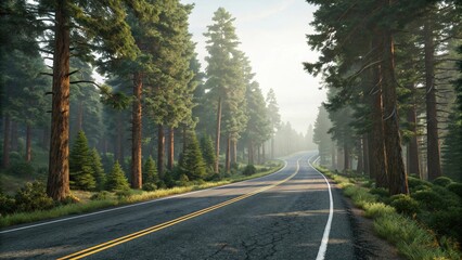 Obraz premium Asphalt road surrounded by tall trees in front and behind, landscape, forest, countryside, natural scenery, trees