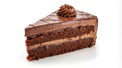 A slice of chocolate cake with frosting and chocolate drizzle