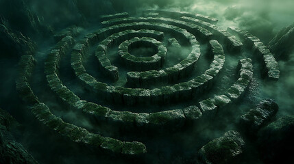 The circular maze is surrounded by lush greenery, illuminated by soft rays of light.