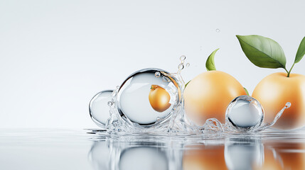 Fresh Fruits Splashing Into Clear Water With Reflections and Green Leaves on a Serene Surface