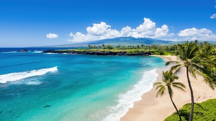top view beach in palm style. A stunning beach scene featuring turquoise waters, golden sand, and palm trees under a bright blue sky with fluffy clouds and lush green mountains in the background.