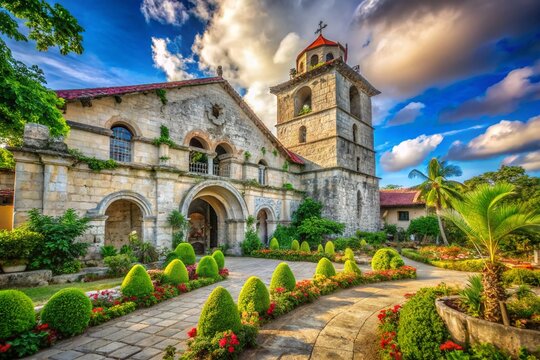 Captivating Urban Exploration of Baclayon Church in Bohol, Philippines: A Historic Gem Surrounded by Lush Greenery and Cultural Heritage, Showcasing Its Unique Baroque Architecture