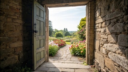 Fototapeta premium A stone door slowly opening to reveal a bright light and a garden filled with flowers, garden, new beginnings, stone door, resurrection