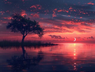 Stunning twilight scene featuring a solitary tree silhouetted against a vibrant sky painted with shades of red and pink, complemented by a crescent moon reflecting in the calm waters of the lake, crea