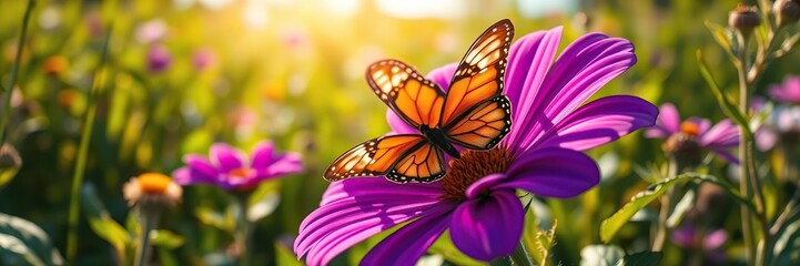 Obraz premium A stunning butterfly resting its wings on the velvety purple surface of an exotic wildflower amidst lush green foliage in a warm sun-drenched meadow, garden, insects, meadow