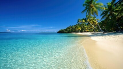 Fototapeta premium top view beach in palm style. A serene tropical beach with crystal-clear water, soft sand, and palm trees under a bright blue sky.