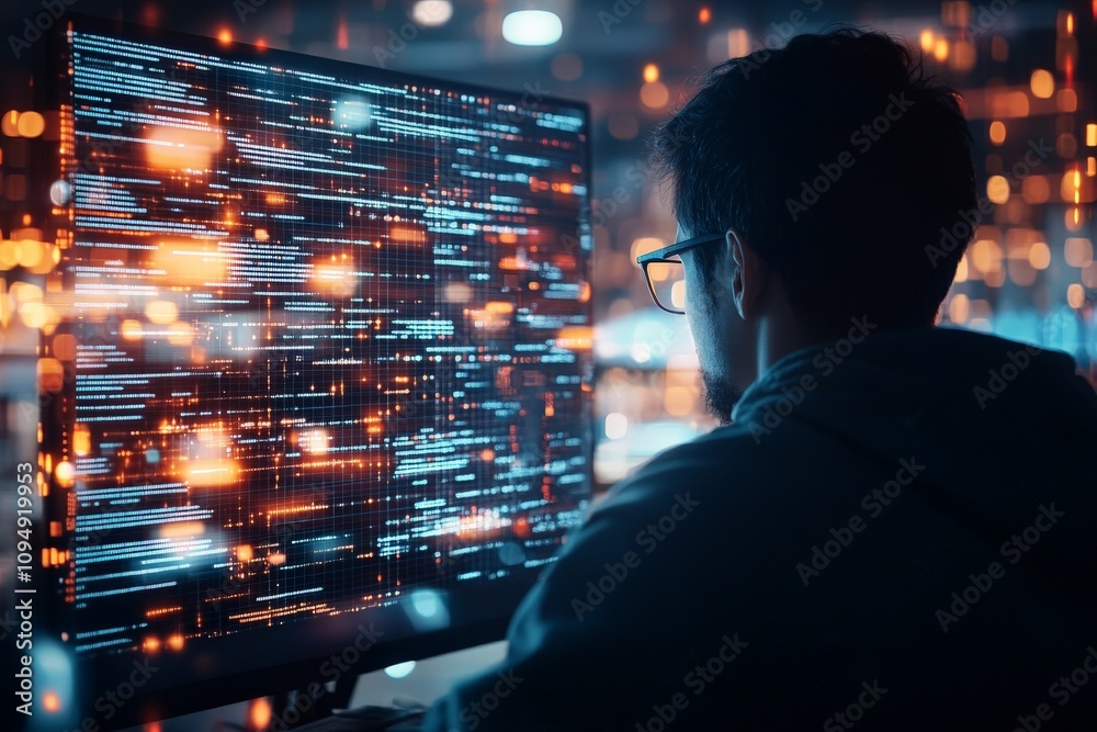 Poster a programmer intensely working at a computer, with colorful digital codes displayed on the screen, s