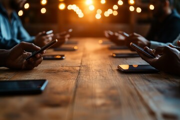 Obraz premium A group of people seated around a wooden table, each absorbed in using their smartphone, creating a cozy glow from the devices in a dimly lit setting.