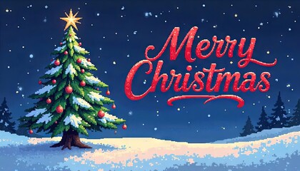 Christmas scene with fir tree in holiday decoration in retro pixel style. 90s vintage gaming Merry Christmas card
