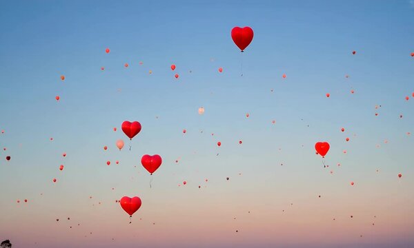 A group of heart-shaped red balloons soaring up into the sky, Heart-shaped balloons floating in the sky