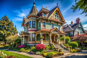 Fototapeta premium Captivating Victorian Homes: A Collection of Stunning Architectural Photography Showcasing Intricate Designs, Vibrant Colors, and Timeless Elegance in Classic Neighborhoods