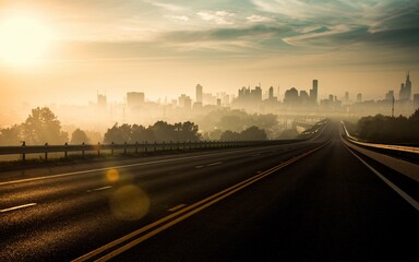Obraz premium A cinematic shot of a wide open highway with a tranquil urban scene. The highway stretches into the distance, fading into the misty cityscape.