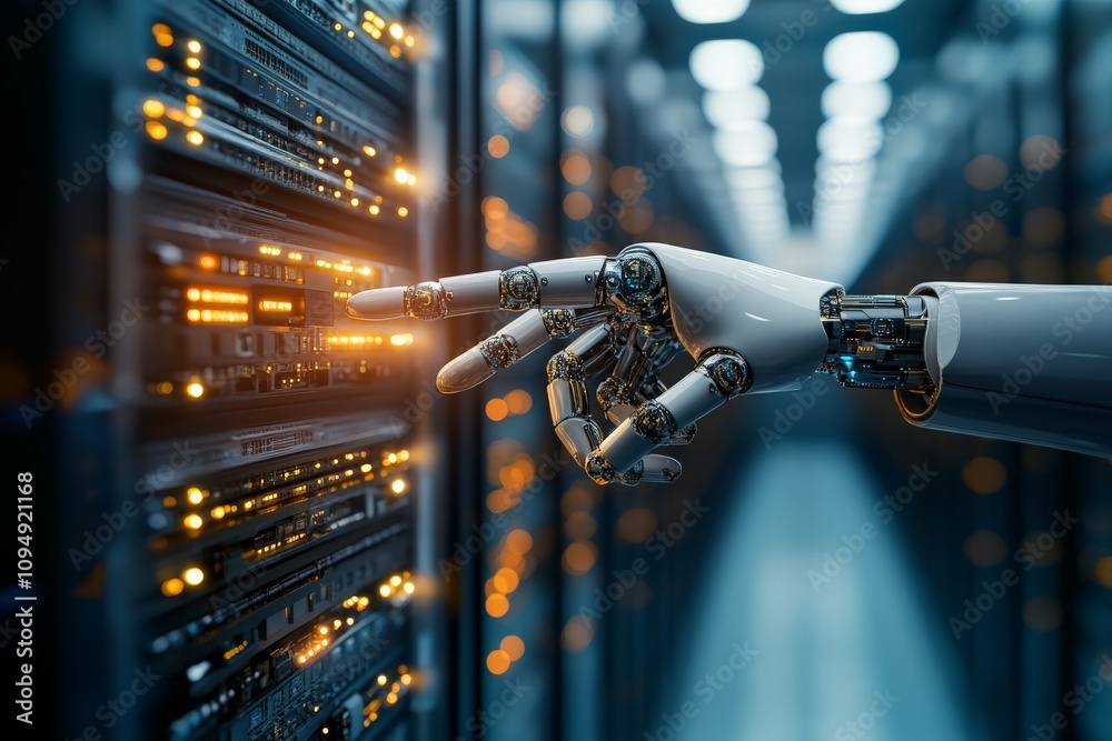 Poster a sleek robotic hand is shown delicately pointing towards a panel of blinking lights on a data serve