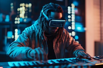 A musician wearing a virtual reality headset is intensely engaged while playing an electronic keyboard, embodying creativity, innovation, and technology in music creation.