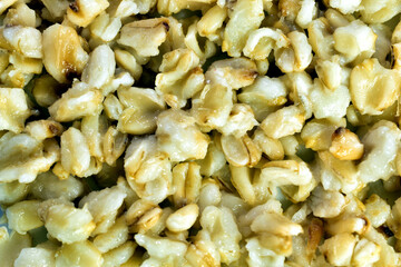 Background and texture. Boiled pearl barley, close-up. Top view.