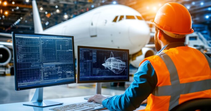 Engineer in safety vest and hard hat working at desk with blueprints of airplane parts on monitors