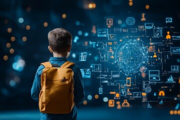 A young boy wearing a backpack stands in awe before a digital universe rendered with glowing data visuals, representing curiosity and technological aspirations.