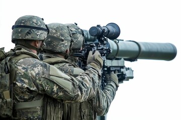 Fototapeta premium Soldiers aiming large military weapon.