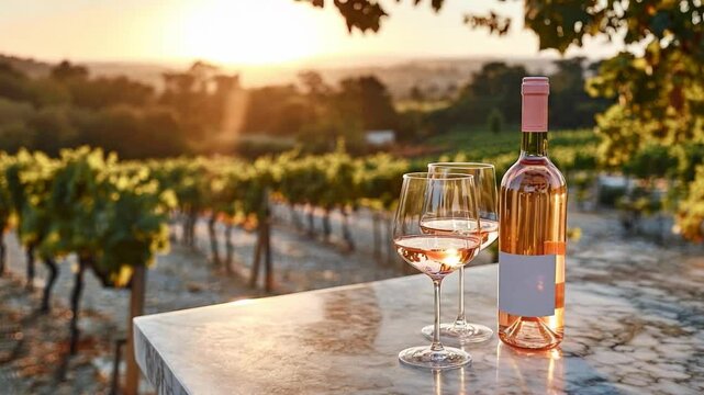 Enjoying rose wine at sunset in a vineyard with scenic views and a bottle on a marble table