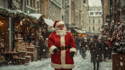 Obraz premium Santa Claus Walking Through Festive City Street on Snowy Day